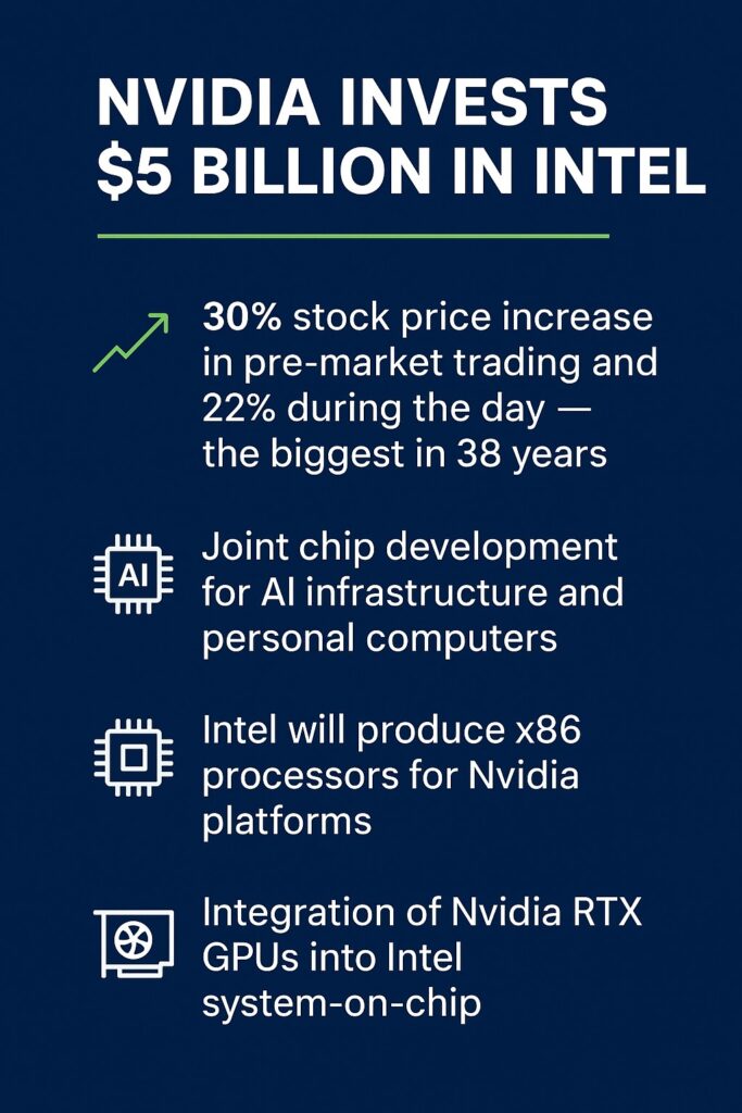 Інфографіка ключових пунктів партнерства Intel та Nvidia - інвестиції, технології, продукти