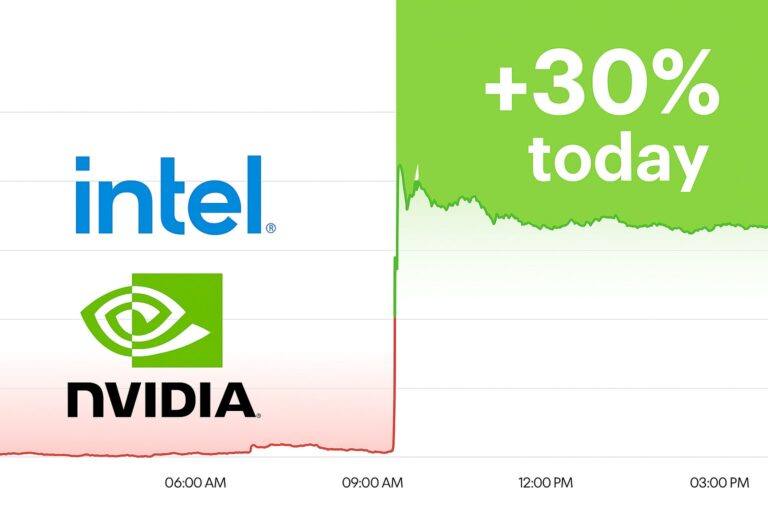 Логотипи Intel та Nvidia на фоні графіку зростання акцій на 30%