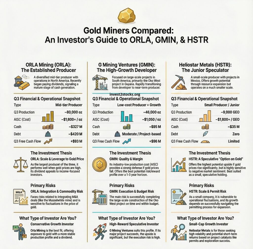 Порівняльна інфографіка золотодобувних компаній Orla Mining, G Mining Ventures та Heliostar Metals з ключовими показниками 2025